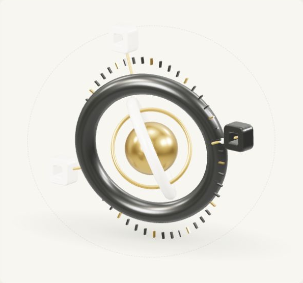 A gold intelligence core inside nested graphite and ivory rings, connected to smaller modules.