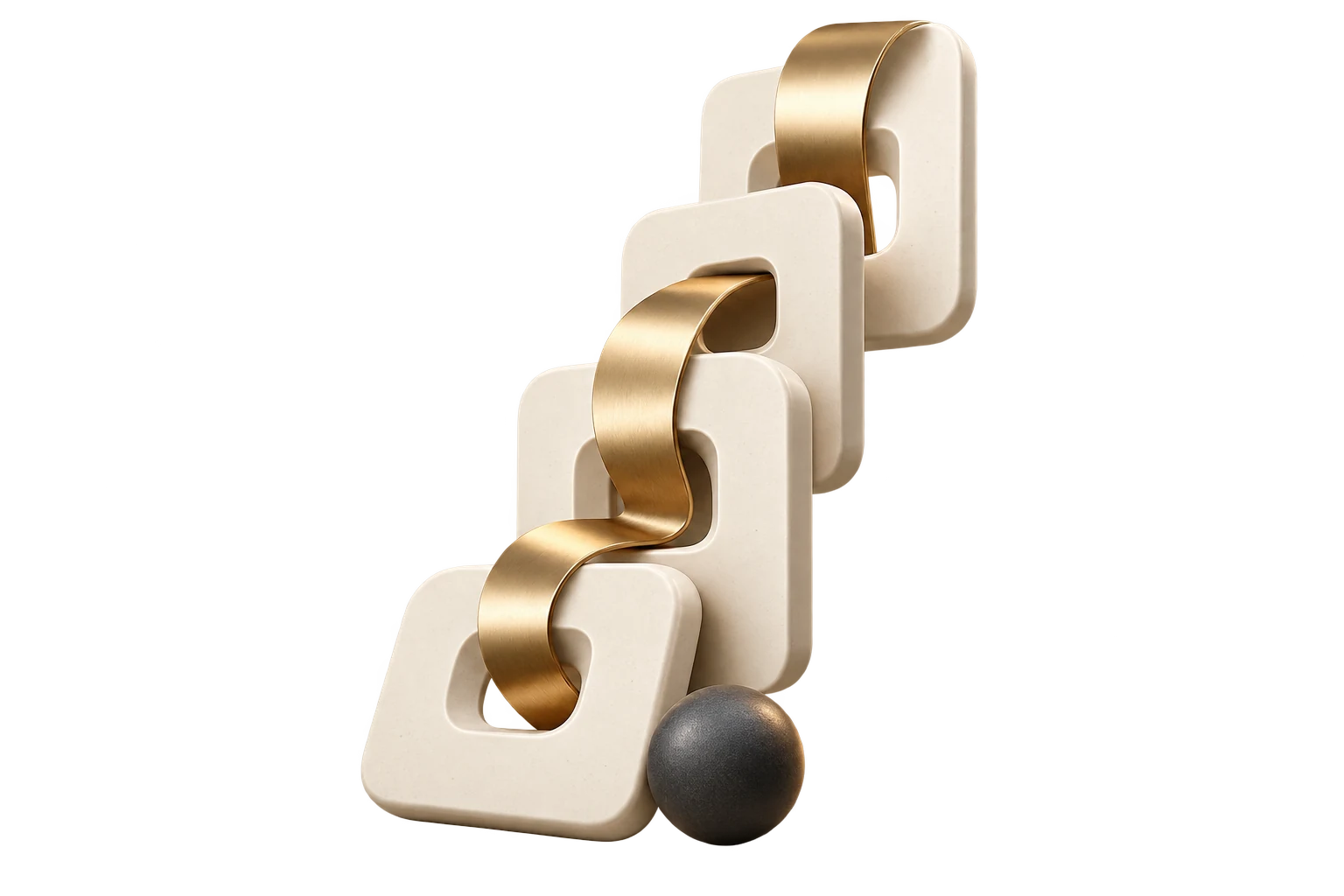 Three-dimensional ivory knowledge tiles connected by a gold ribbon.